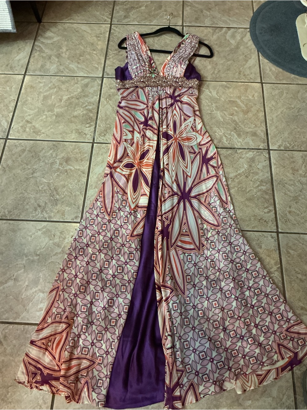 Nina Austin Purple Floral Maxi Dress with Orange & Cream Accents